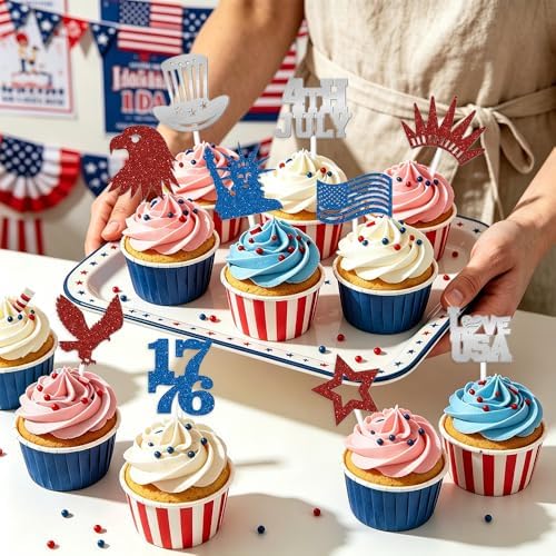 24Pcs Independence Day Cupcake Toppers, Glitter 4th of July Cake Decoration