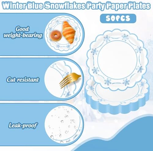 JarThenaAMCS 50 Pcs Winter Paper Plates Christmas Snowflake Scalloped Disposable Plate Blue Decorative Tableware for Xmas Holiday Party Decor Supplies, 9 In
