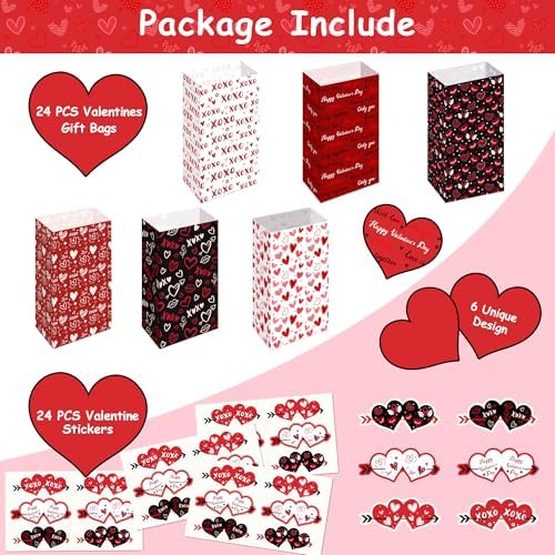 Valentines Bags - 24 PCS Valentines Gift Bags for Class School,Valentine Treat Bags with Stickers -Valentine Goodie Bags for Kids | Valentine's Day Gifts for Kids -Valentine's Decorations Party Favors