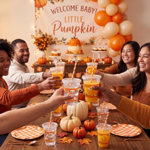 Jingmore 50 Pcs Little Pumpkin Party Disposable Plastic Cups 12 oz with Lids Straws Themed Party Supplies Plastic Tumbler for Birthday Table Decorations Favors(Orange and White)