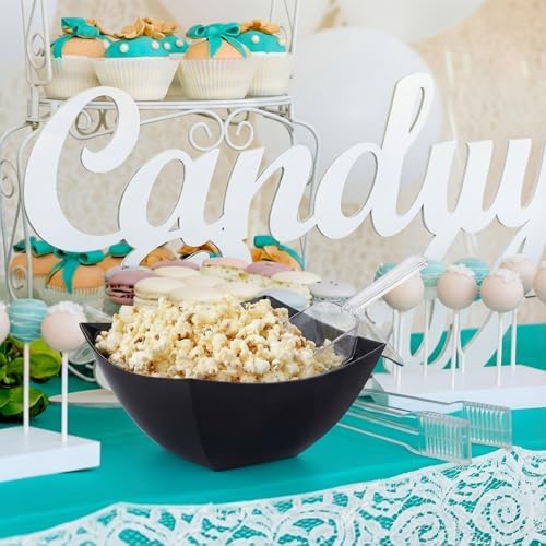 FoldTier 32oz 6 Black Plastic Candy Bowls, 4 Scoops and 4 Tongs Set Square Disposable Plastic Buffet Containers for Chip, Snacks Popcorn Candy Buffet Bar Birthday Party Supplies