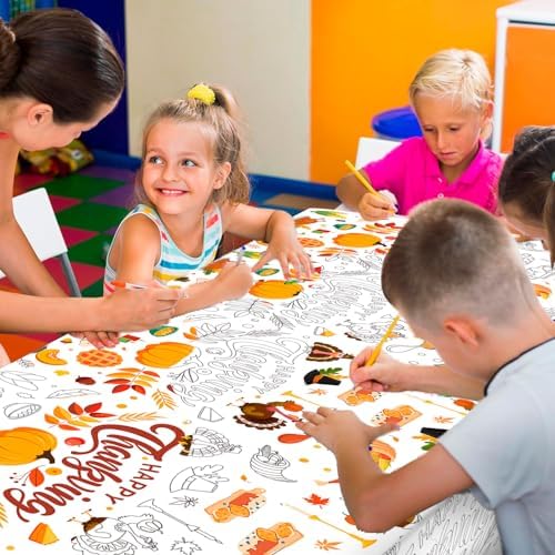108 x 54 Inch Thanksgiving Day Coloring Tablecloth, Leaves Giant Drawing Tablecloth Fall Festival Coloring Paper Table Cloth for Thanksgiving Fall Festival Party Crafts Game