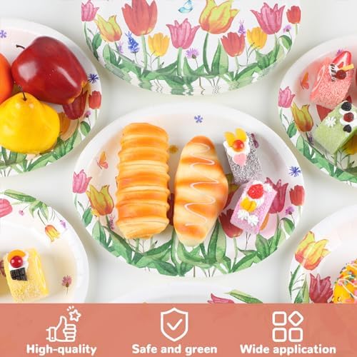 Qyeahkj 50 Pcs Spring Tulip Oval Paper Plates Large 11” Disposable Tulip Flower Party Decorations Floral Supplies Favor for Easter Picnic Spring Summer Birthday Butterflies Party Tableware Set