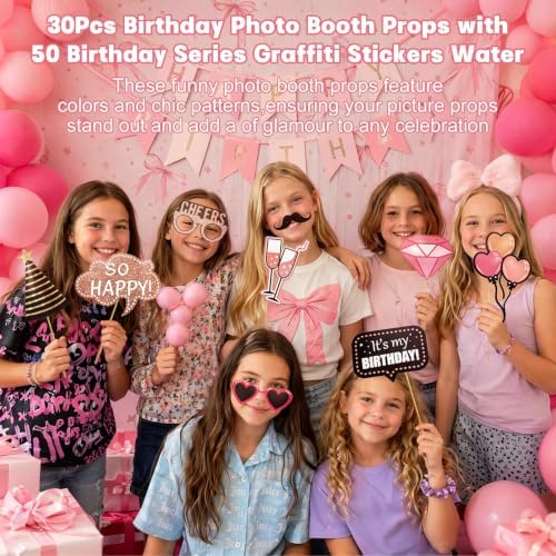 80Pcs Premium Birthday Photo Booth Props with 50Pcs Birthday Stickers