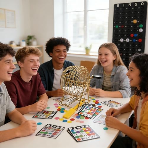 Deluxe Bingo Set with 6-Inch Durable Gold Steel Cage, Magnetic Bingo Wand, 80 Metal-Rimmed Bingo Chips, 75 Calling Balls, 18 Large Cards & Master Board – Premium Bingo Set for Family Nights, Parties