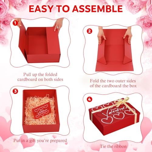 Ctosree 13.5 x 10 x 4 Inch Large Happy Valentine's Gift Box with Lid for Presents, Red Large Heart Luxury Foldable Cardboard Box for Gift Packing, Contains Card, Envelope, Ribbon, Raffia Grass