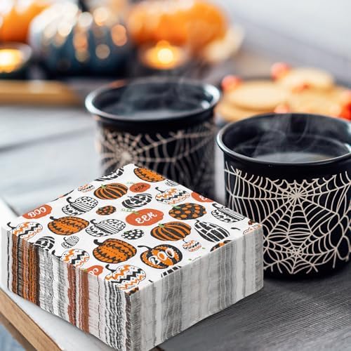 JarThenaAMCS 50Pcs Halloween Paper Napkins Orange Black Pumpkin Disposable Luncheon Napkin Creepy Dessert Dinner Hand Napkin for Trick or Treat