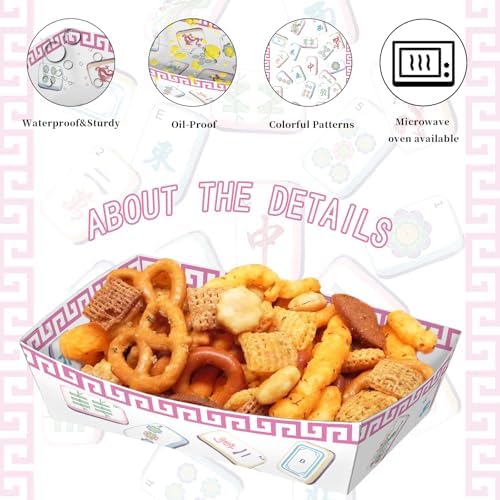 No Folding Required 50 Pack 2Lb Mahjong Party Supplies Disposable Paper Food Plates Serving Trays Pink Paper Food Trays Bulk for Family Play Day Birthday Celebration Game Party Decorations