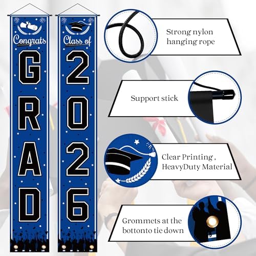 OHOME Graduation Decorations 2026 2027 - Blue Congrats Grad Porch Banner for Graduation Party Decorations - Class of 2026 - Party Favors Supplies Backdrop Yard Signs Decor