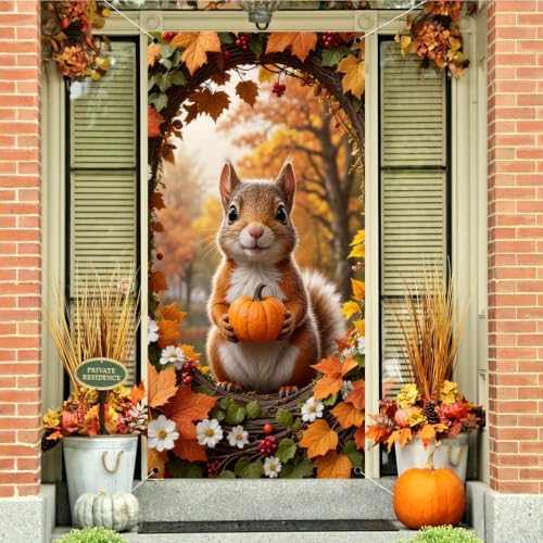 Fall Door Cover,Maple Leaf Squirrel Pumpkin Thanksgiving Fall Decor