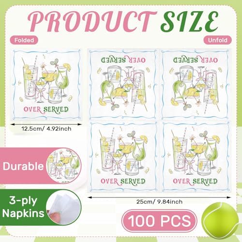 100 Pcs Sports Cocktail Napkins 5 x 5 Inch Tennis Cheers Plaid Paper Napkins 3-ply over Served Disposable Paper Martini Decorations for Party Decorations Summer Spring Sports Party (Tennis Champagne)