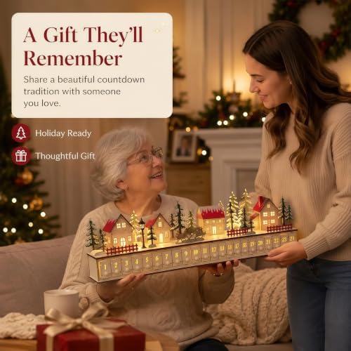 32 inch Light-Up Wooden Christmas Village Advent Calendar with 24 Drawers