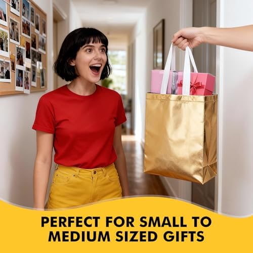 RACETOP 15 Pcs Rose Gold Reusable Gift Bags Bulk, 8x4x10 Inch Elegant Non-woven Sparkle Gift Bags for Birthday, Wedding, Party Favors, Fashion Accessories Packaging