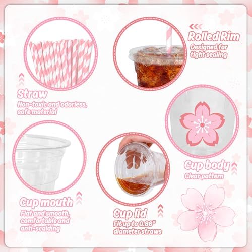 Whaline 50Pcs 12Oz Pink Cherry Blossom Disposable Plastic Cups with Lids and Straws Cute Sakura Cold Beverage Drinking Cups for Spring Wedding Birthday Party Supplies