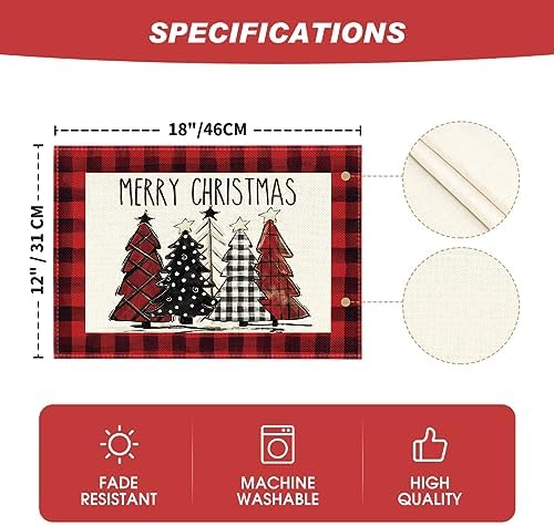 Artoid Mode Red and Black Buffalo Plaid Christmas Trees Placemats Set of 12, 12x18 Inch Winter Table Mats for Outdoor Home Party Kitchen Dining Decor