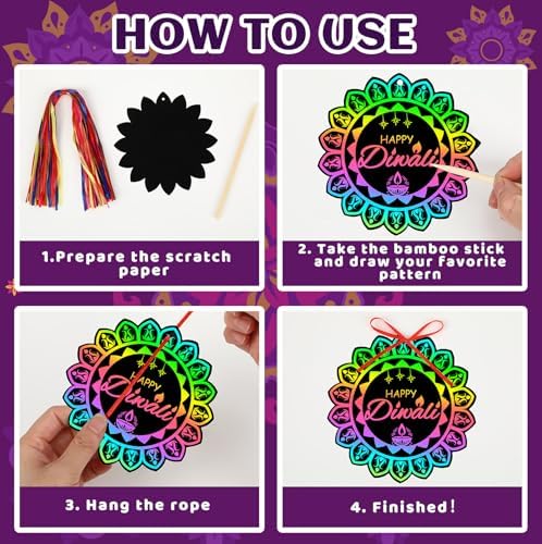 JULMELON 36 Pcs Diwali Crafts for Kids Rainbow Scratch Art Party Favors