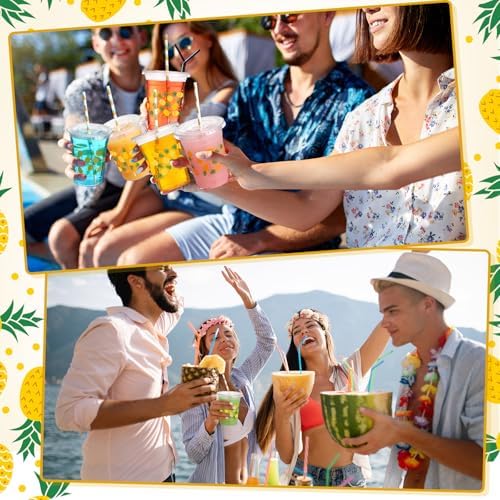 Funnymoom 50 Sets Pineapple Disposable Plastic Cups Bulk with Lids Straws 16 oz Hawaii Luau Clear Plastic Cups Yellow Fruit Themed Party Favors for Baby Shower Birthday Summer Tropical Party