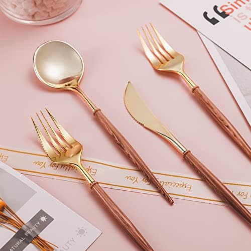 Lullaby 240PCS High End Gold Plastic Silverware with Wood Grain Handle