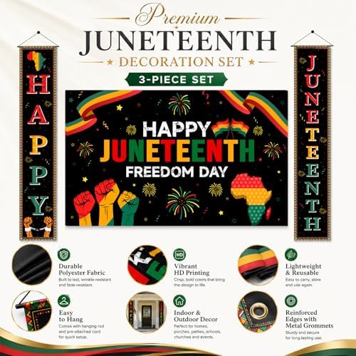 3Pcs Juneteenth Decoration Outdoor Happy Juneteenth Banner, June 19th Independence Day Freedom Day Backdrop, African Afro American Festival Celebration Supplies