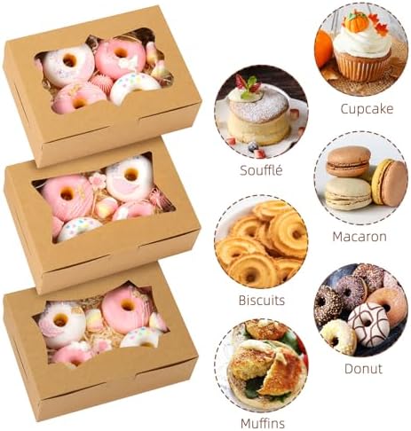 TOMNK 24pcs Cookie Boxes with 3 Style Window,8x6x2.5In Brown Bakery Boxes