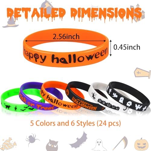 JUNEBRUSHS 24Pcs Halloween Silicone Bracelets Halloween Favors Supplies Rubber Wristbands for Kids Party Goodie Bag Stuffers Fillers Decorations Accessories (6 Designs)