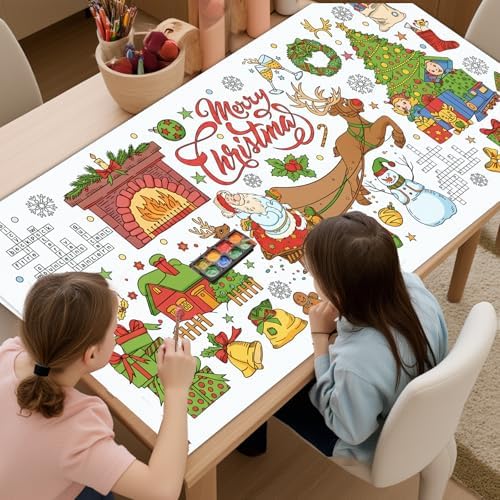 Christmas Coloring Tablecloth 31×72 Inch, Large Table Cover with Santa Claus, Reindeer, Paper Drawing Poster with Christmas Tree, Snowflakes and Gift Designs, Holiday Party Activity and Crafts