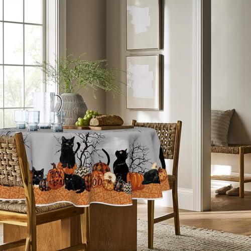 Horaldaily Halloween Tablecloth 70 x 70 Inch Round Pumpkin Moon Cat Trees