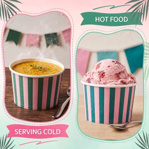 Maxdot 50 Pcs Palm Beach Stripes Paper Treat Snack Bowls Summer Ice Cream Cups Sundae Bar Supplies for Hawaii Luau Party Supplies, Yogurt Cupcakes