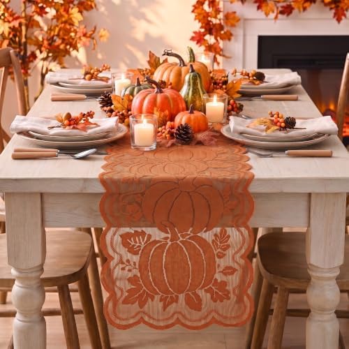 Artoid Mode Lace Jacquard Pumpkin Leaf Fall Table Runner, Seasonal Thanksgiving Autumn Kitchen Dining Table Decoration for Home Party Decor 13x72 Inch