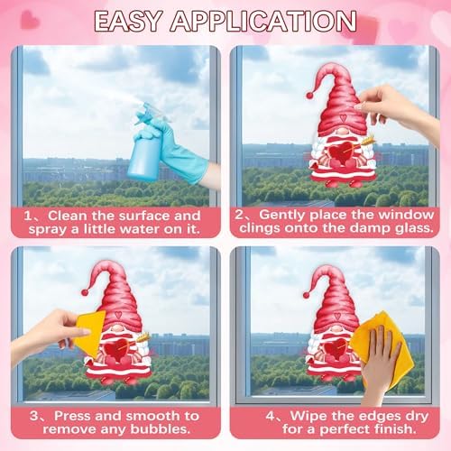 9 Sheets Valentines Day Window Clings Decor: Double-Sided Gnome Window Stickers, Cute Heart & Love Static Cling Decals, Reusable Valentine Decorations for Home School Office Party and Store