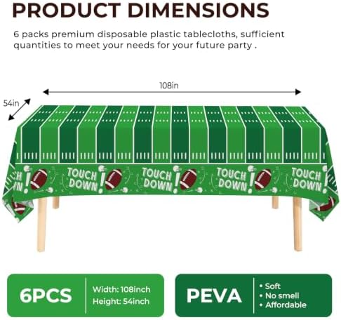 6 Pack Football Party Decorations Premium Football Disposable Plastic Tablecloth 54" x 108" Table Cloths for 6 to 8 Foot Tables Indoor or Outdoor Parties Decoration Supplies (Football Green)