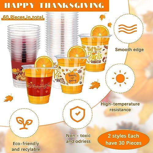 Uiifan 60 Pcs Thanksgiving Disposable Cups 12 oz Plastic Cups Bulk Turkey Pumpkin Tumblers Clear Fall Plastic Cups Bulk for Liquor Coffee Juice Autumn Harvest Thanksgiving Day Wedding Party Supplies