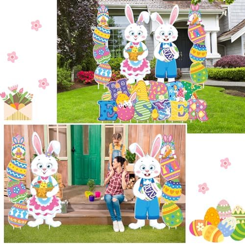 Wenqik 5 Pcs Happy Easter Decorations Outdoor Easter Yard Signs with Stakes Large Bunny Eggs Hunt Lawn Decor Waterproof Spring Rabbit Yard Stakes for Outside Home Garden Porch Hunt Game Party Supplies