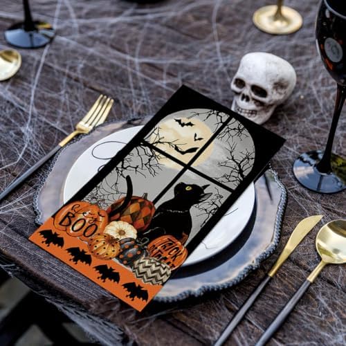 Horaldaily 50Pcs Halloween Paper Napkins, Buffalo Plaid and Dots Pumpkin Moon Cat Bats