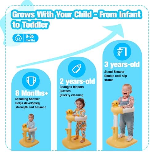 Baby Shower Stand for 𝐁𝐚𝐛𝐢𝐞𝐬 𝟔 𝐌𝐨𝐧𝐭𝐡𝐬 & 𝐔𝐩 - Safety & Non-Slip for Baby Standing Support, Adjustable Heigh with Babe Bath Stand, Toddler Shower Support with 55 Lbs Capacity
