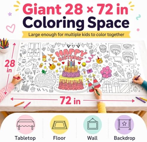 Happy Birthday Giant Coloring Tablecloth, 28 x 72 Inch Kids Party Poster