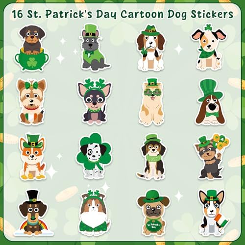 H1vojoxo St. Patrick's Day Sticker Rolls - 1000PCS Irish Shamrock Holiday Cartoon Dog Stickers for Kid 16 Design St. Patrick's Cute Dog Sticker for Craft St. Patrick Cartoon Dogs Stickers for Envelope