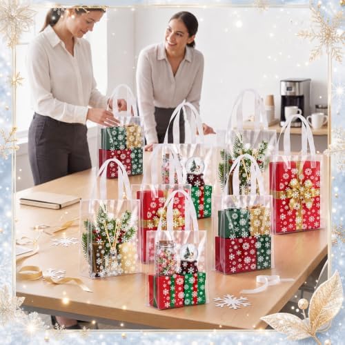 Pajean 25 Pcs Winter Plastic Gift Bags with Handles, Snowflake Pouches
