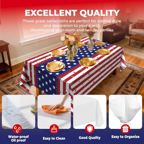 6 Pack American Flag Tablecloth, 4th of July Patriotic Table Cover (54"x108") Disposable Plastic Table Cloth, Decorations for Veterans Day, Patriotic, Memorial, Fourth of July, Independence