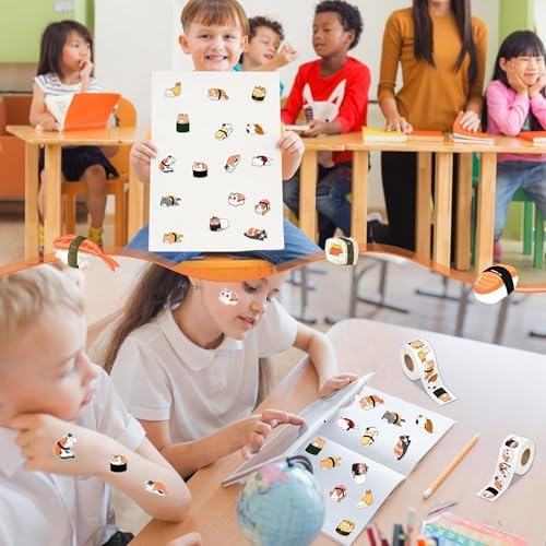 Eartim Sushi Cat Sticker Roll 1000Pcs Cartoon Kawaii Sushi Cute Cat Sticker