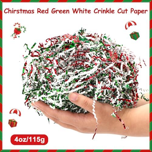 Jansun Christmas Crinkle Cut Paper Shred, 4oz Metallic Red Green White