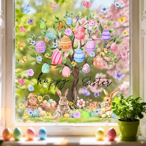 Whaline 6 Sheet Easter Window Clings Window Decal Large Bunny Rabbit Egg Tree Reusable Anti-Collision Windows Decor for Spring Holiday Home Classroom Office Party Supplies