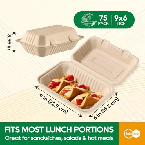 Turbo Bee 75 Pack Natural Compostable Take Out Containers, 9x6 Disposable Clamshell Food Containers with Lids, To Go Boxes for Food Truck, BBQ, Meal Prep & Catering