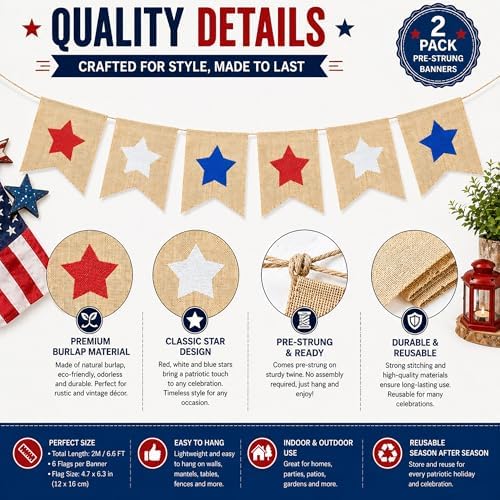 Burlap Star Banner 4th of July Garland Bunting Red White and Blue Decorations Patriotic America Independence Day Memorial Veterans Day Flag for Mantel Fireplace Sign USA Accessories