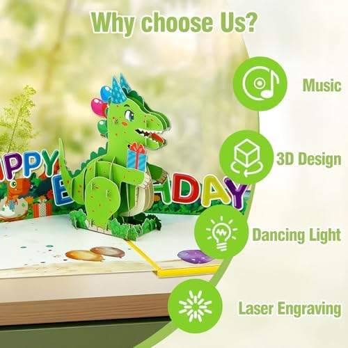 FaCraft Dinosaur Musical Birthday Cards for Kids - Music & Light 3D T-Rex