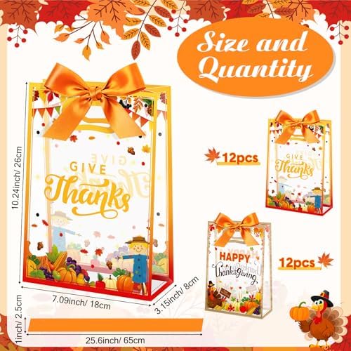 Capoda 24 Pack Thanksgiving Gift Bags with Handles, Pumpkin Turkey Print