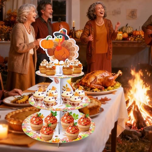 Gistome 3-Tier Thanksgiving Turkey Cupcake Stand – Autumn Harvest Dessert Display Holder for Fall Party Table, Friendsgiving, and Thanksgiving Decorations