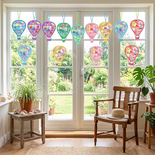 Renbuzhu 48PCS Back to School Crafts: Paper Hot Air Balloon Suncatchers DIY Kits, Summer Window Stained Glass Effect Art Supplies