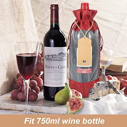 Shintop 12pcs Red Burlap Wine Gift Bags with Window and Tags