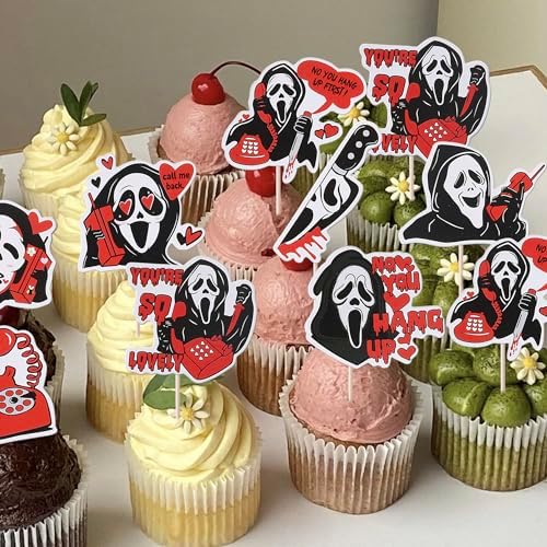 Rsstarxi 40 Pack Horror Movie Scam Cupcake Toppers Telephone No You Hang Up Killer Birthday Cupcake Toothpicks for Halloween Horror Movie Theme Birthday Party Cake Decorations Red